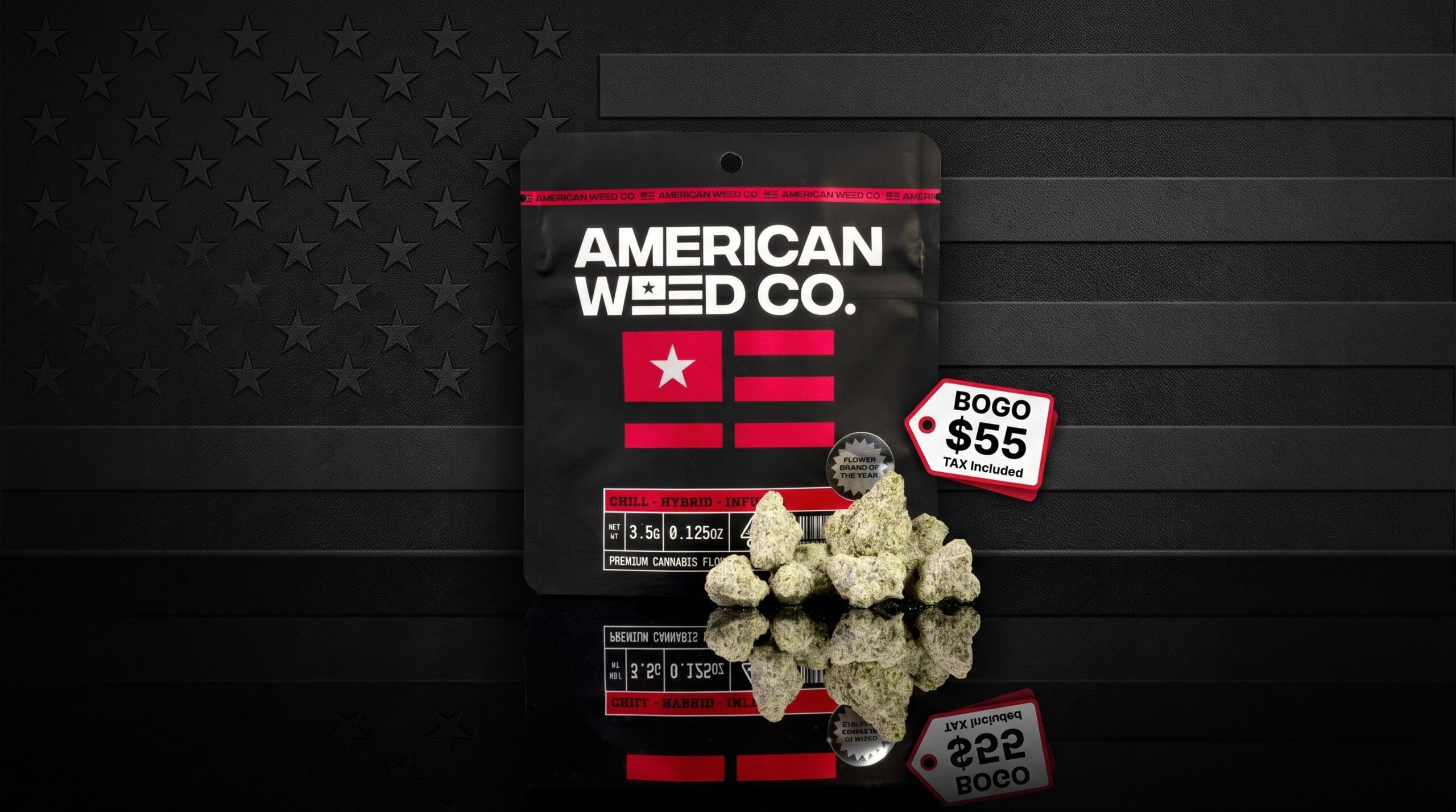 American Weed Co. infused 3.5g eighth buy one get one deal for $55 at 37.6% THC