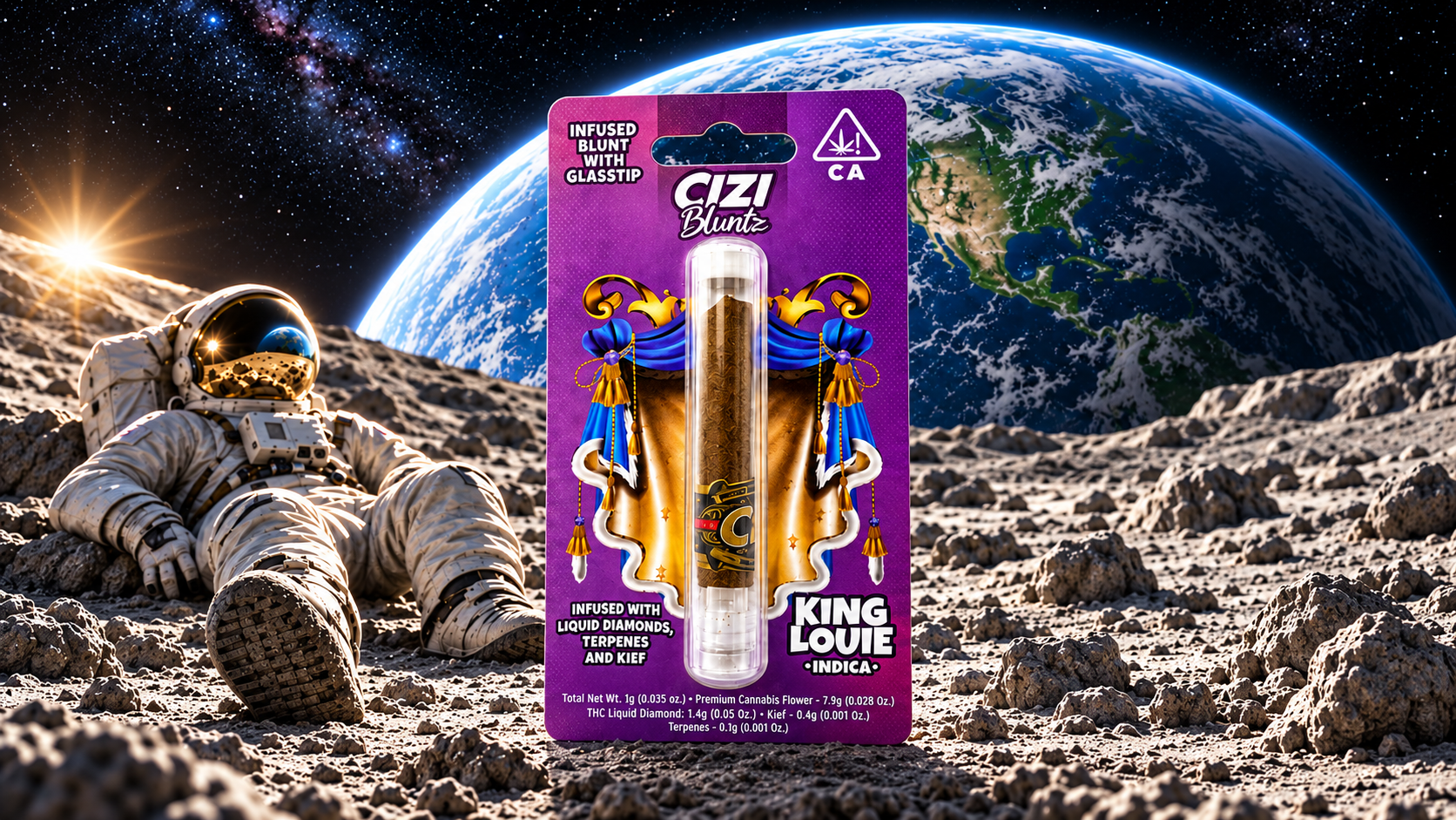 CIZI infused blunts, hemp wrap pre-rolled, on a lunar horizon